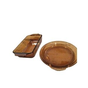 2 Piece Amber Anchor Hocking Dishes - Pie Pan And Baking Dish, Vintage